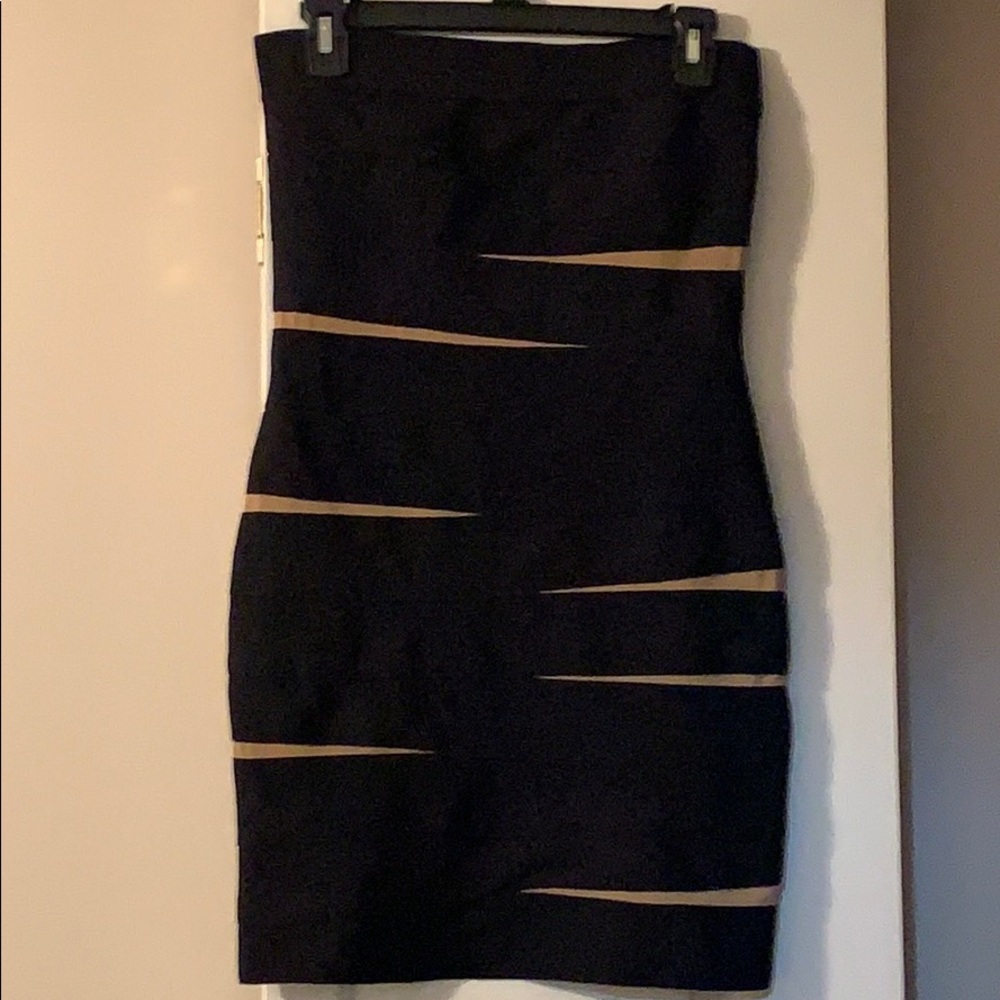Black strapless bandage dress with beige slits